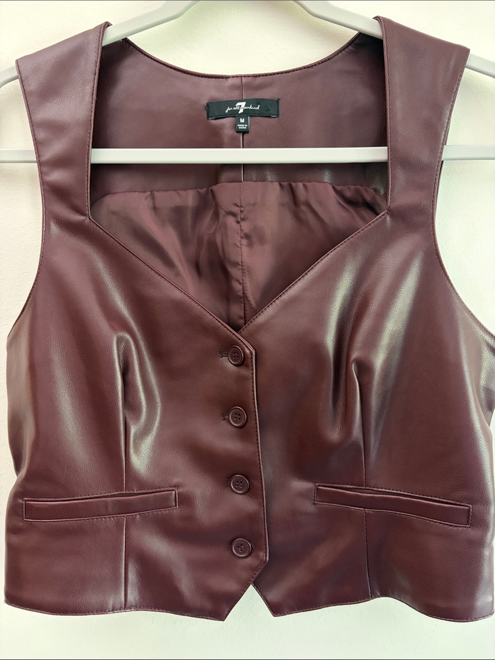 7 for All Mankind Y2K Preppy Faux Leather Burgundy Vest Size M Bandage Neckline - Picture 13 of 13